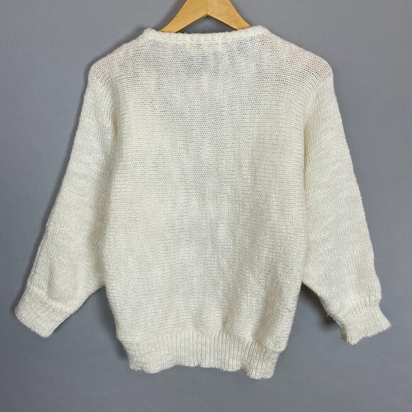 Vintage 80s Sweater Applique Beaded Sequins White Women Medium Batwing Sleeve - Picture 2 of 14